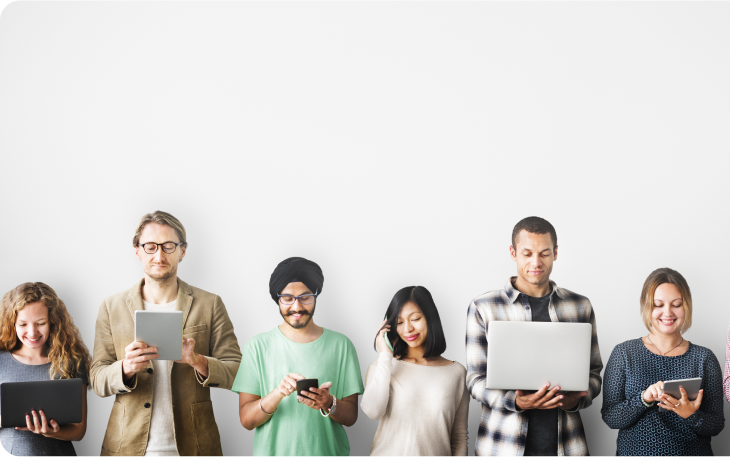 A group of people using a variety of internet connected devices